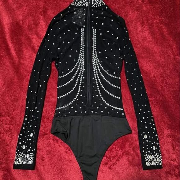 NEW Women's Black Sheer Rhinestone Bling Bodysuit - Picture 5 of 5